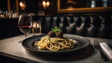 Elegant dining experience featuring spaghetti and meatballs paired with red wine in a cozy restaurant settingの素材
