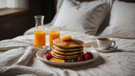 Delicious breakfast spread on a cozy bed with fluffy pancakes and fresh fruit in natural morning lightの素材