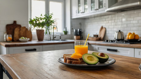 Fresh breakfast arrangement with toast, avocado, and orange juice in a modern kitchen settingの素材