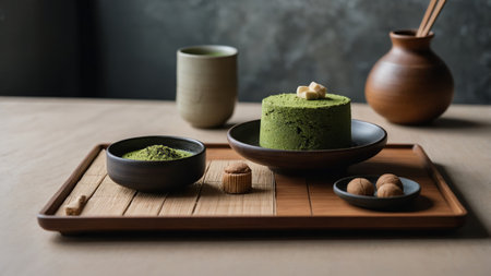 Enjoying a serene matcha dessert experience at a minimalist tea setup with rustic ceramicsの素材