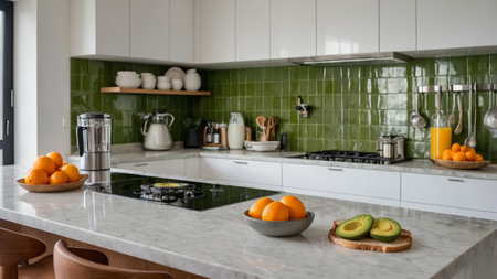 Modern kitchen with vibrant green tiles showcasing fresh fruits and a cozy atmosphere in natural lightの素材
