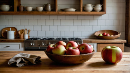 Freshly harvested apples arranged in wooden bowls on a rustic kitchen table with minimal decorの素材
