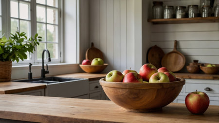 Freshly picked apples in rustic kitchen setting with wooden bowls and natural lightの素材