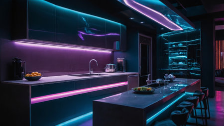 Modern kitchen design featuring neon lighting with glowing accents and sleek surfaces in a stylish urban setting at nightの素材