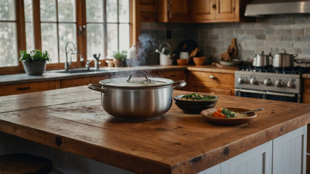 Cooking a warm meal in a rustic kitchen during the afternoon with steam rising from a pot on the wooden tableの素材