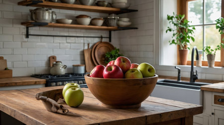 Fresh apples in a rustic kitchen setting with natural light illuminating the countertopの素材