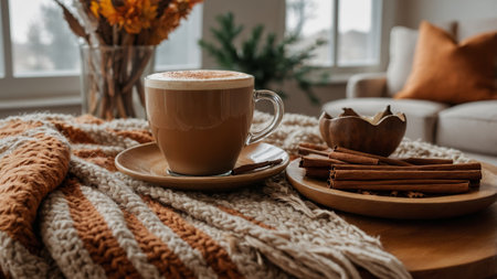 Warm beverage with spices on a cozy table setting in a sunlit living room during fall seasonの素材