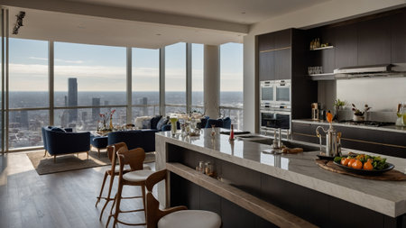 Modern high-rise apartment kitchen with stunning city skyline view during daylightの素材