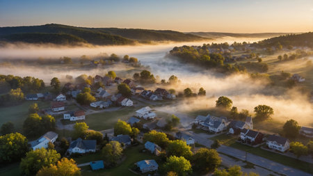 Morning mist settles over a quiet rural town nestled in the hills at sunriseの素材