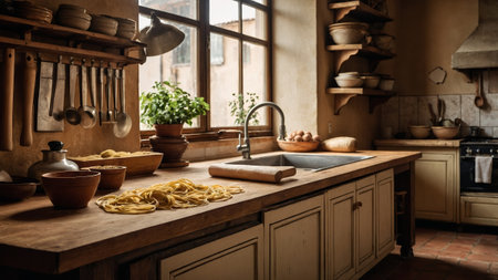 Rustic kitchen with fresh pasta and wooden utensils in a sunlit spaceの素材