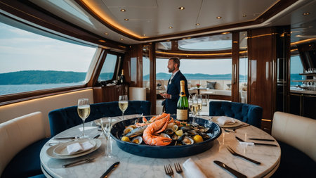 Luxurious dining experience on a yacht with seafood platter and champagne overlooking the seaの素材