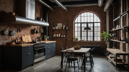Modern industrial kitchen with exposed brick and wooden accents in a cozy urban settingの素材