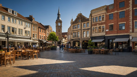 Busy town square bustling with activity in the afternoon sun featuring historic architecture and outdoor diningの素材