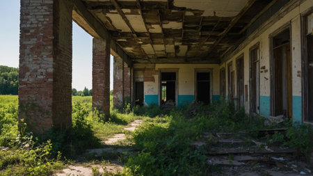 Urban exploration reveals the haunting beauty of an abandoned building in the countryside during daylightの素材