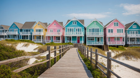Colorful beach houses line the boardwalk on a sunny day along the coastlineの素材