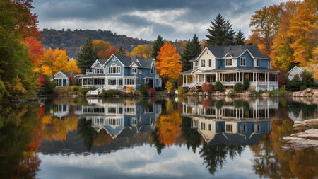 Beautiful autumn landscape with colorful trees and houses reflected in a calm lake in a picturesque locationの素材