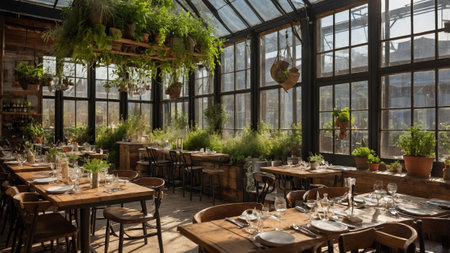 Elegant dining area with lush greenery in a bright, modern restaurant setting during early afternoonの素材