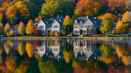 Vibrant autumn reflections on a serene lake with colorful trees and charming houses in a picturesque landscapeの素材