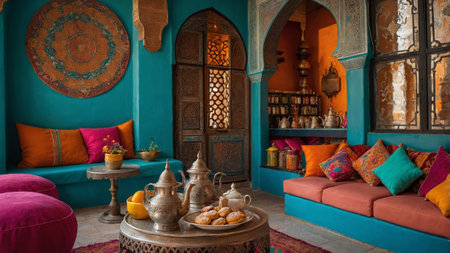 Luxurious Moroccan interior featuring vibrant cushions and ornate decor in a cozy settingの素材