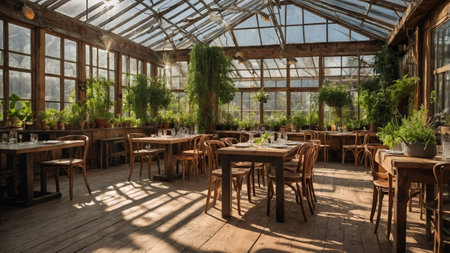 Cozy dining space with abundant greenery in a rustic greenhouse setting during late afternoonの素材