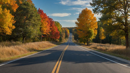 Colorful autumn scenery showcasing a winding road surrounded by vibrant trees under a clear blue skyの素材
