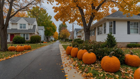Fall harvest season brings vibrant pumpkins lining a quiet suburban street with colorful autumn leavesの素材