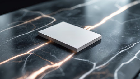 Blank notebook rests on a sleek black marble surface with subtle lighting effects creating an elegant ambianceの素材