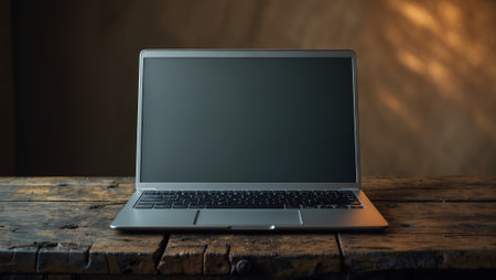 Laptop on an old wooden table in a warm, softly lit room with natural textures and shadows creating a cozy atmosphereの素材