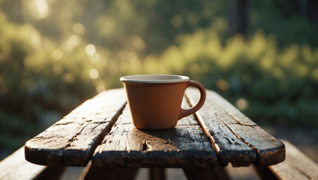 Warm cup of coffee rests on rustic wooden table in serene garden during early morning lightの素材