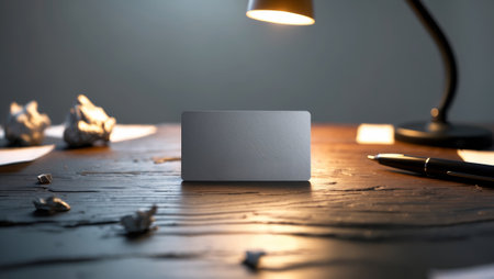 Stationery setup with a blank card on a wooden desk in a dimly lit room during nighttimeの素材