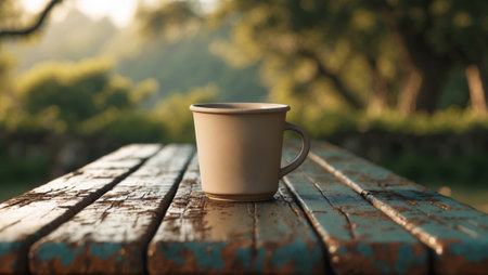 Warm cup resting on a rustic table surrounded by nature in the early morning lightの素材