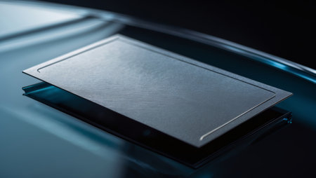 Reflective surface showcases a sleek black card on a glass table under subtle lightingの素材