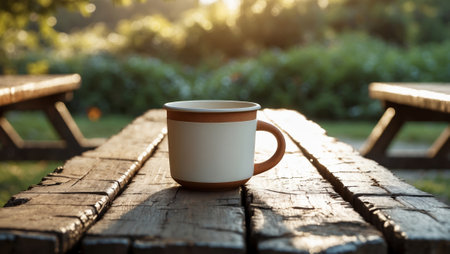 Warm coffee cup resting on rustic wooden table in the golden hour light of a peaceful outdoor settingの素材