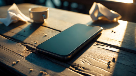 Smartphone resting on a wooden table with a coffee cup at sunrise in a cozy cafe environmentの素材