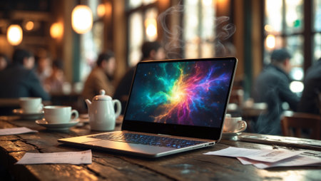 Freelancer working in a cozy cafe with a vibrant laptop display and steaming coffeeの素材