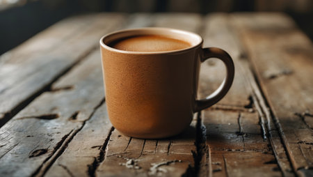 Warm coffee cup resting on rustic wooden table inviting moments of relaxation and reflectionの素材