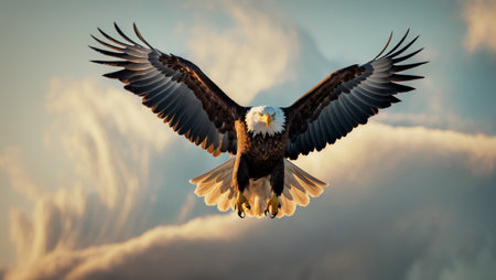 Majestic bald eagle soaring against a backdrop of clouds during golden hourの素材
