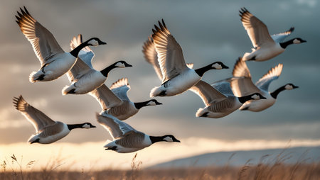 Flock of geese flying over a serene landscape during sunset near an open fieldの素材
