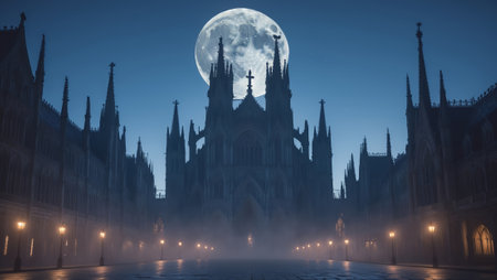 St. Vitus Cathedral illuminated by a full moon in a misty night setting in Pragueの素材