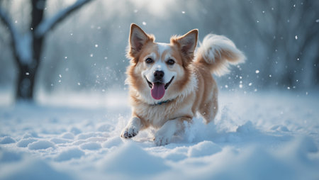 Happy corgi running playfully in fresh snow during a sunny winter dayの素材