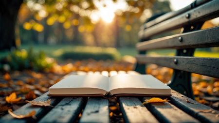 Soft sunlight spills over an open book resting on a park bench surrounded by autumn leaves in the tranquil afternoonの素材