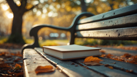 Book resting on a park bench surrounded by autumn leaves in a tranquil outdoor setting during golden hourの素材