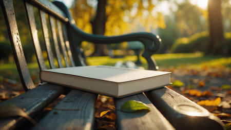 Book resting on a bench in a tranquil park surrounded by autumn leaves during golden hourの素材