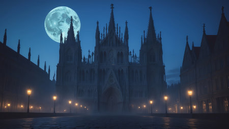 Intriguing night view of a Gothic cathedral illuminated by street lamps under a full moonの素材
