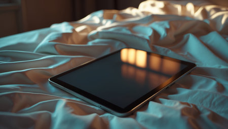 Tablet resting on a neatly made bed with soft light in the background during the eveningの素材