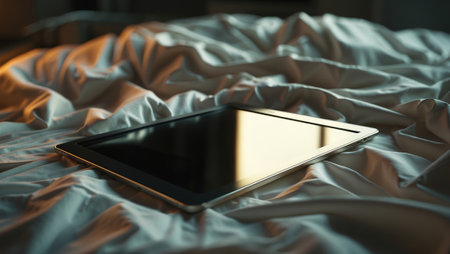 Tablet resting on wrinkled bed sheets during evening light, capturing a serene atmosphere of relaxation and technology integrationの素材