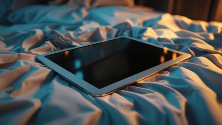 Tablet resting on rumpled bed sheets in a softly lit room during evening hoursの素材