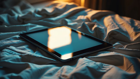 Tablet rests on a rumpled bedspread in soft afternoon light by the windowの素材
