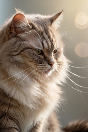 Majestic feline with fluffy fur and prominent whiskers sits gracefully in a softly lit roomの素材