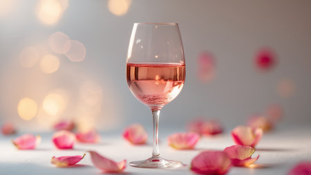 Elegant glass of rose wine surrounded by scattered rose petals on a soft background during an intimate settingの素材